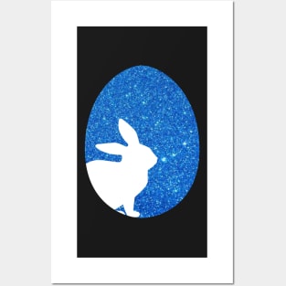 Easter Bunny Silhouette in Blue Faux Glitter Easter Egg Posters and Art